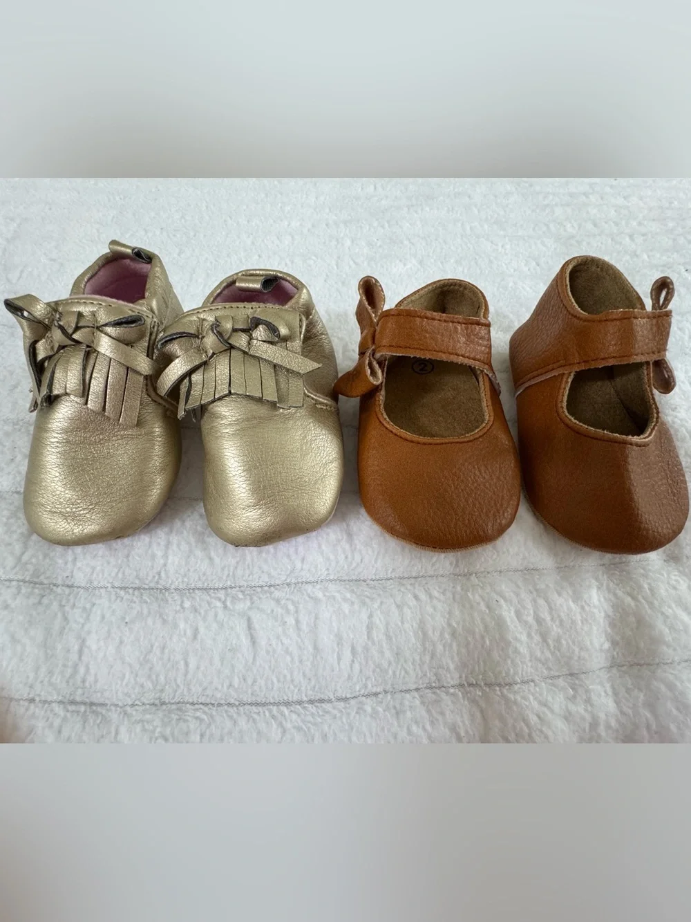 Bundle of baby moccasins, Gold and Brown leather Baby Shoes